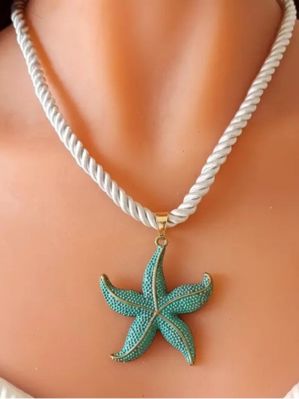 Beach Style Blue Starfish Pendant Rope Necklace Gold-tone Accents - Picture 2 of 11